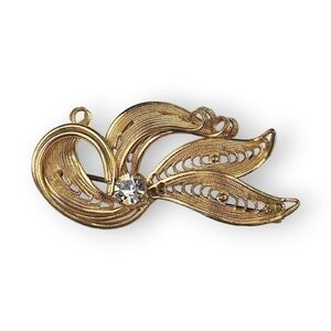 West Germany Spun Filigree Brooch White Rhinestone Floral Leaf Gold Plate Vtg